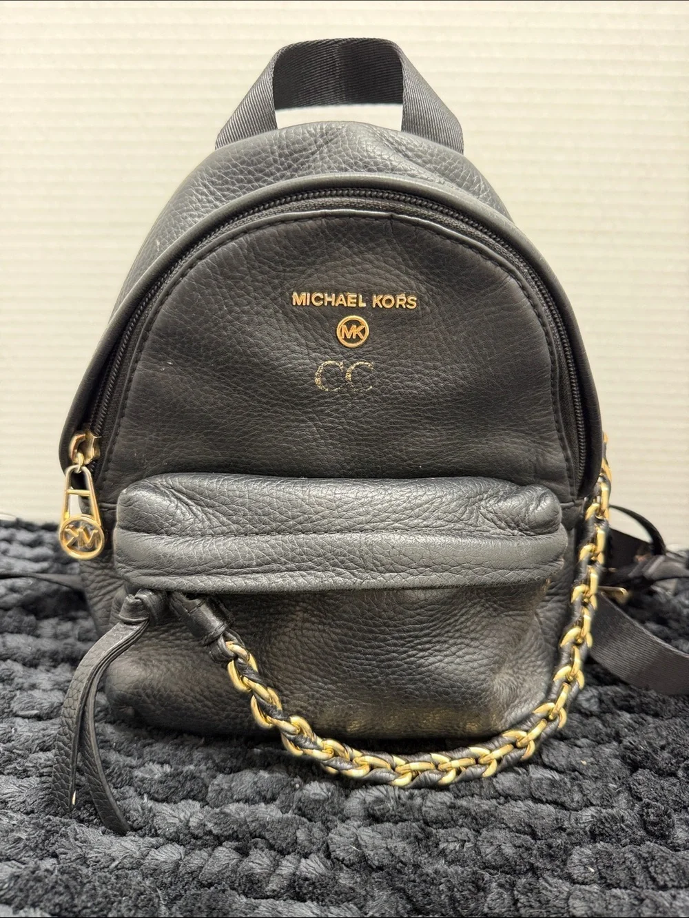 Michael Kors Black Leather Mini Backpack with Gold Accents